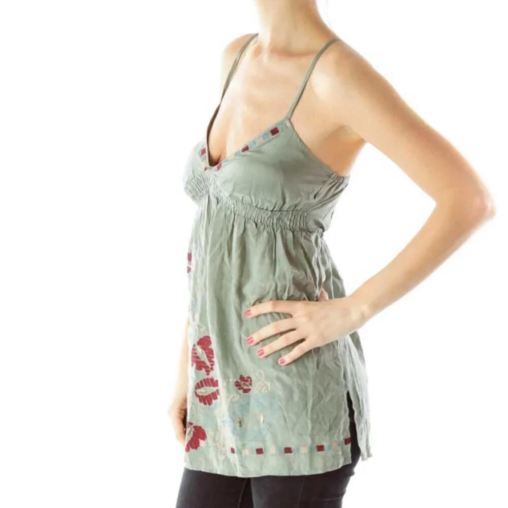 LUX. Green Embroidered Spaghetti Strap Dress - Picture 2 of 3